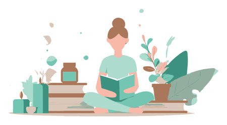 A charming vector illustration of a woman reading a book in a cozy setting, surrounded by plants and decorative items, reflecting a peaceful indoor lifestyle.のイラスト素材