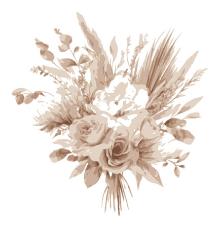 A beautiful beige floral arrangement featuring elegant roses and lush greenery. Perfect for use in design projects, decor, and artistic presentations.のイラスト素材
