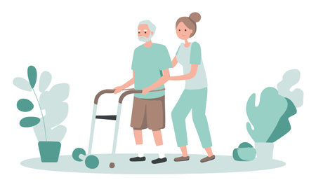 A caregiver assists an elderly man using a walker in a serene, pastel-colored environment with indoor plants, symbolizing compassion and support in daily life.のイラスト素材