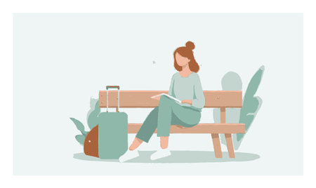 This vector illustration features a young woman sitting on a bench with luggage, engrossed in a book. The serene setting and simplistic design evoke themes of travel and relaxation.のイラスト素材