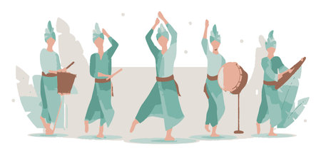 This vibrant vector illustration depicts a traditional dance performance featuring musicians and dancers in soft pastel colors, showcasing cultural celebration and artistic expression.のイラスト素材