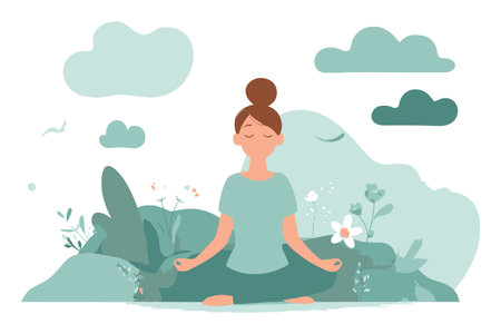 This vector illustration depicts a serene woman meditating amidst a gentle nature backdrop, embodying tranquility and wellness in a harmonious environment.のイラスト素材
