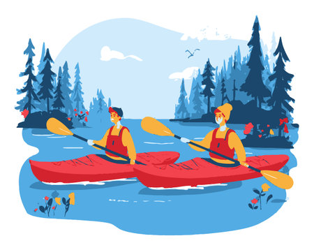 Enjoy a colorful illustration of two paddlers kayaking on a serene lake surrounded by trees and flowers, capturing the essence of outdoor adventure and friendship.のイラスト素材