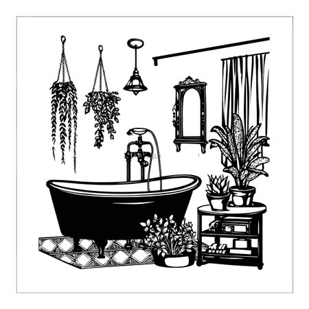 This elegant hand-drawn illustration features a vintage bathroom scene with plants, furniture, and decor, capturing a serene and inviting atmosphere.のイラスト素材