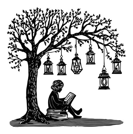 A captivating black and white abstract illustration of a girl reading under a tree adorned with hanging lanterns, evoking a sense of tranquility and imagination.のイラスト素材