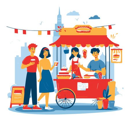 A lively scene showcasing friends enjoying tasty snacks from a colorful food cart. Captures the essence of street food culture and outdoor dining in a vibrant city setting.のイラスト素材