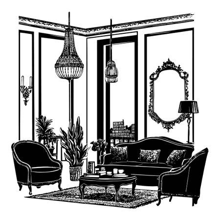 This elegant abstract hand-drawn illustration features a cozy living room with stylish furniture, decorative plants, and intricate details, perfect for interior design inspiration.のイラスト素材