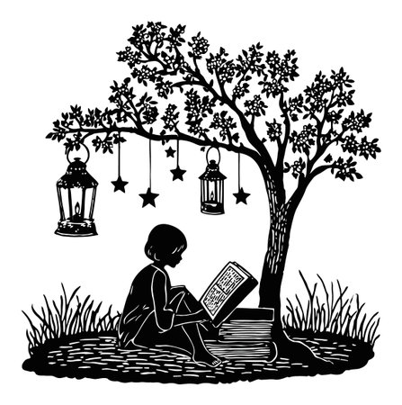 An abstract silhouette of a girl reading under a tree adorned with lanterns and stars. This tranquil scene captures the beauty of nature and childhood imagination.のイラスト素材