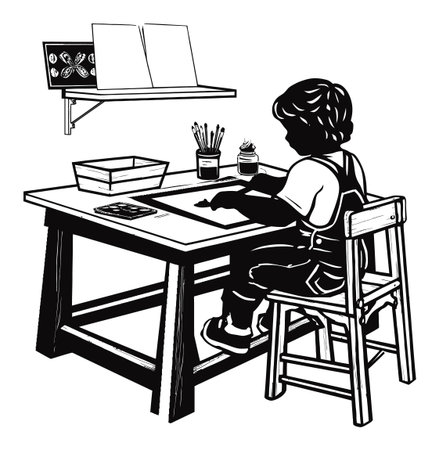 A young child immersed in an art project at a wooden table, showcasing creativity and focus in a simple and engaging indoor workspace.のイラスト素材