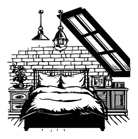 Explore this abstract hand-drawn illustration of a cozy bedroom, featuring classic decor elements that evoke comfort and style. Perfect for design projects.のイラスト素材
