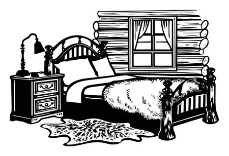 This hand-drawn abstract image showcases a cozy cabin bedroom with a rustic design. It features a wooden bed, soft blanket, and elegant decor, perfect for a tranquil atmosphere.のイラスト素材