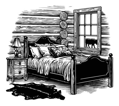 Discover a cozy log cabin bedroom featuring rustic decor, a window view, and soothing ambiance. Perfect for those seeking tranquility and comfort in a unique setting.のイラスト素材