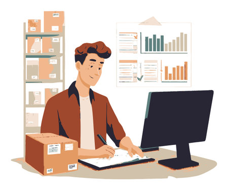 This cartoon vector illustration features a young man focused on his work at a desk with a computer, surrounded by packages and office documents, showcasing a modern workspace.のイラスト素材
