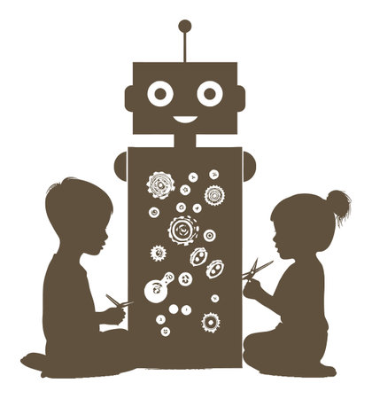 Two children engage in creative play with a friendly robot, drawing and crafting in a whimsical abstract setting, showcasing imagination and joy in art.のイラスト素材