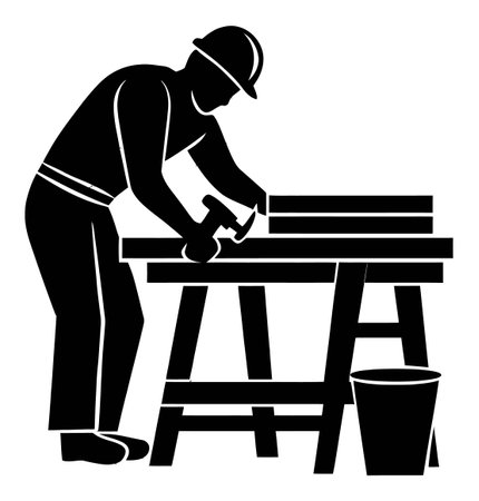 This abstract illustration features a worker using tools on a wooden table, emphasizing craftsmanship and professionalism in manual labor.のイラスト素材