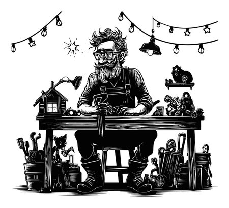 Explore a hand-drawn abstract illustration featuring a craftsman in his workshop, complete with tools and a cozy ambiance, perfect for creative inspirations.のイラスト素材