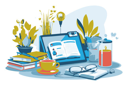 This cozy workspace illustration features books, plants, a tablet, and a warm cup of tea. It creates a comfortable atmosphere for studying and creativity.のイラスト素材