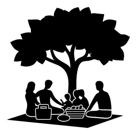 A serene family picnic scene featuring silhouettes of people enjoying time together under a large abstract tree. This image captures joy, relaxation, and togetherness in an outdoor setting.のイラスト素材