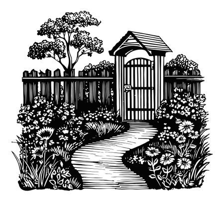 A captivating black and white illustration featuring a garden gate, winding pathway, and blooming flowers, creating a serene and inviting outdoor atmosphere.のイラスト素材