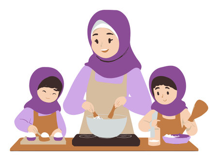 A delightful cartoon illustration of a mother cooking in the kitchen with her children. Capturing moments of joy, bonding, and culinary creativity in a warm, ethnic setting.のイラスト素材