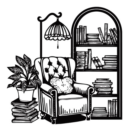 This black and white illustration features a cozy reading nook with an armchair, elegant bookshelf, vintage lamp, and lush plant, perfect for a serene indoor space.のイラスト素材