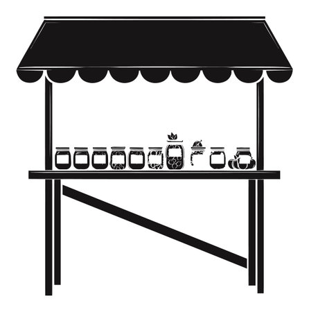 A hand-drawn abstract illustration of a market stall showcasing jars filled with various food items, representing freshness and local commerce in a creative and stylish design.のイラスト素材