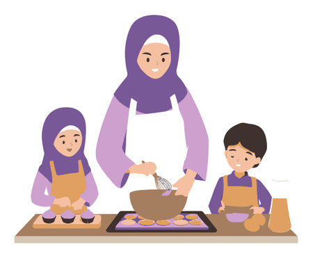A vibrant cartoon illustration depicting a mother and her two children engaged in a joyful cooking activity, showcasing their bond and teamwork in the kitchen.のイラスト素材