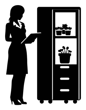 A stylish silhouette of a woman drawing beside a refrigerator filled with potted plants. The image captures the essence of creativity and modern home aesthetics.のイラスト素材