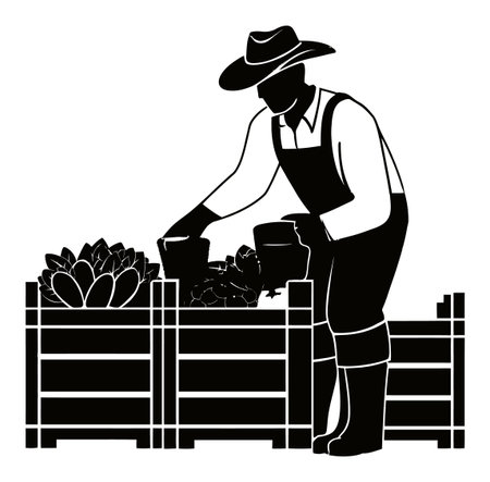 This abstract hand-draw illustration features a farmer carefully handling vegetables in wooden crates, showcasing essential agricultural practices and rural life.のイラスト素材