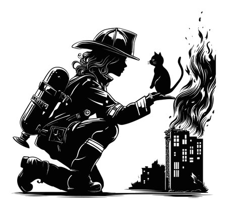 This striking silhouette artwork features a firefighter rescuing a cat from a burning building, capturing the essence of courage and compassion in a dramatic scene.のイラスト素材