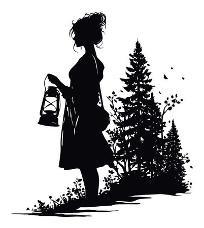 This artistic silhouette features a woman standing gracefully with a lantern, surrounded by trees. The composition captures a serene moment in nature, evoking feelings of mystery and tranquility. Perfect for nature lovers and artistic themes.のイラスト素材