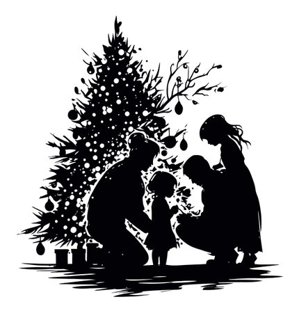 A heartwarming silhouette of a family celebrating around a beautifully decorated Christmas tree, capturing joyful moments with children and holiday spirit.のイラスト素材