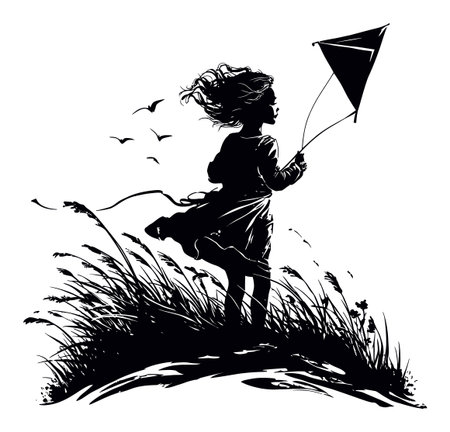 A beautiful silhouette of a young girl holding a kite in a grassy field, capturing the essence of childhood joy and freedom against a bright sky.のイラスト素材