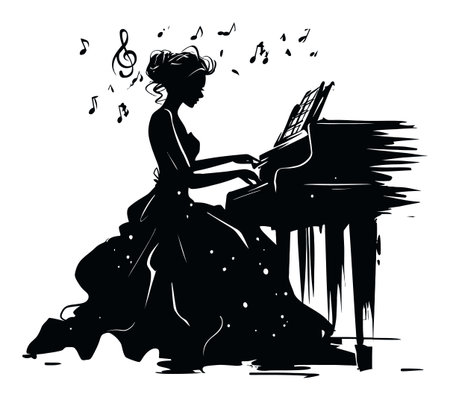 This elegant silhouette captures a woman playing the piano, surrounded by musical notes. It reflects beauty and creativity, perfect for art and music themes.のイラスト素材