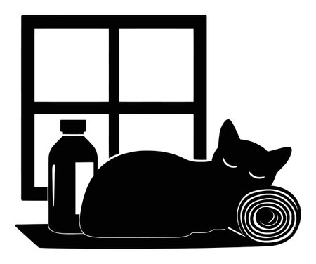 This abstract illustration features a hand-drawn silhouette of a sleeping cat curled up by a window, accompanied by a bottle, evoking a sense of comfort and peace.のイラスト素材
