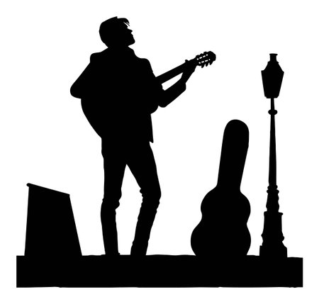 A striking silhouette of a musician playing guitar under a street lamp at night, capturing the essence of urban creativity and artistic passion in a minimalist style.のイラスト素材