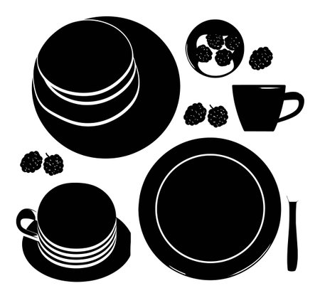 Discover a unique black and white hand-drawn illustration featuring kitchenware and berries. Perfect for culinary-themed projects or elegant decor.のイラスト素材