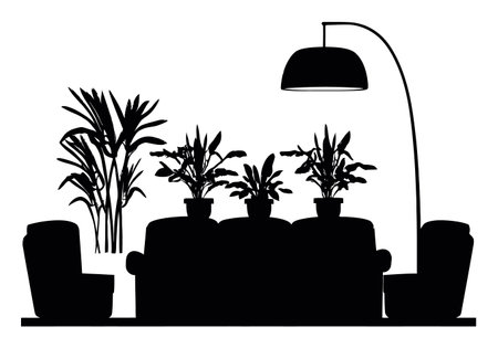 This abstract drawing showcases a cozy living room setting, featuring stylish furniture and lush plants under a modern lamp, creating a tranquil atmosphere.のイラスト素材