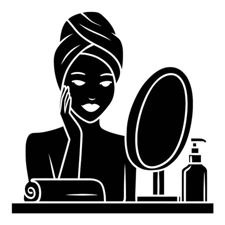 This elegant abstract artwork depicts a woman engaging with her reflection in a mirror, embodying themes of beauty, self-care, and tranquility.のイラスト素材