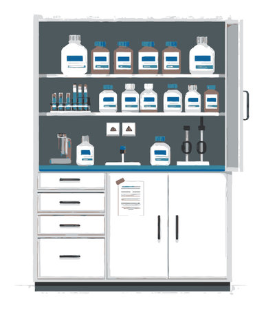 This illustration features an organized laboratory cabinet filled with various bottles, laboratory tools, and safety symbols, showcasing a clean and efficient workspace design.のイラスト素材