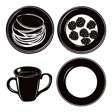 Explore these abstract hand-drawn illustrations of food items, including pancakes, berries, and a cup, in a striking black and white style suited for culinary art projects.のイラスト素材