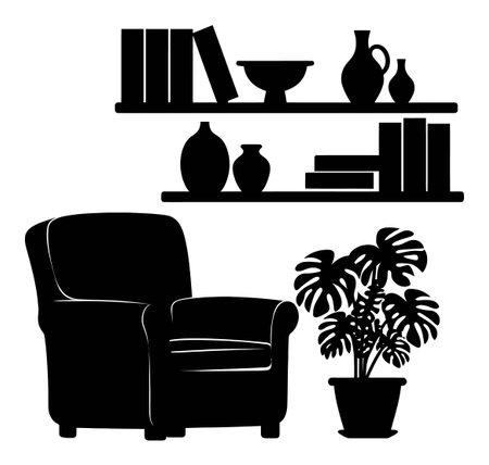 This abstract black and white illustration captures a cozy living room scene with a chair, shelves, books, and plants, ideal for modern home decor inspiration.のイラスト素材