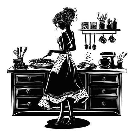 This striking black and white illustration features a graceful silhouette of a woman baking in a vintage kitchen, surrounded by kitchenware and delicious treats.のイラスト素材