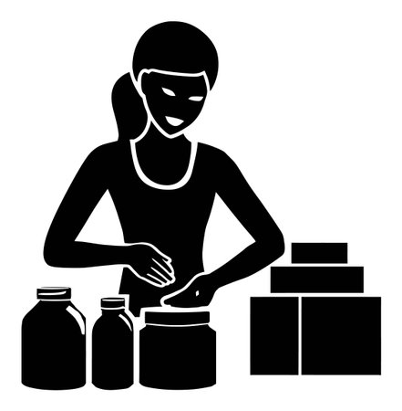 This abstract illustration features a woman drawing with her hand beside various bottles and boxes. The design highlights creativity and modern aesthetics, perfect for wellness themes.のイラスト素材