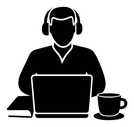 This abstract illustration features a silhouette of a person engaged in work on a laptop, accompanied by headphones, a book, and a cup of coffee. Perfect for themes of productivity and modern workspace.のイラスト素材