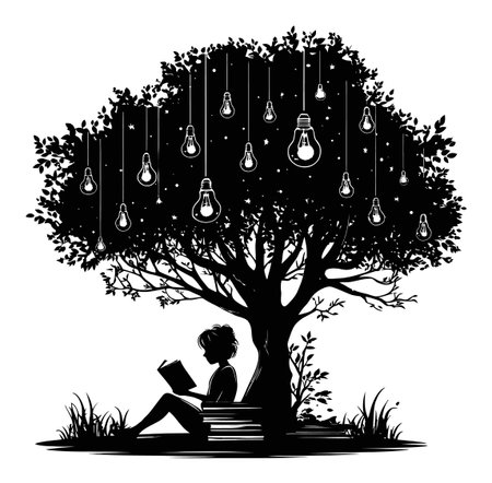 This abstract hand-drawn illustration features a boy reading under a beautifully lit tree, surrounded by a magical ambiance. Ideal for themes of creativity and imagination.のイラスト素材