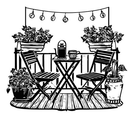 Charming black and white illustration of a cozy balcony featuring plants, chairs, and coffee equipment, perfect for a tranquil outdoor setting.のイラスト素材