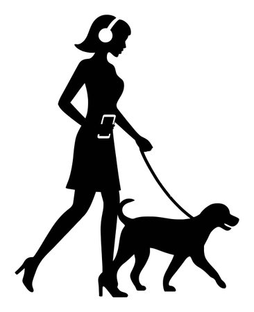 This abstract illustration depicts a stylish woman walking her dog while wearing headphones, embodying leisure and companionship in a modern lifestyle.のイラスト素材