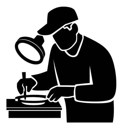 This abstract illustration features a hand drawing under a magnifying light, symbolizing creativity and precision in artistic work. The minimalist design highlights craftsmanship and focus.のイラスト素材