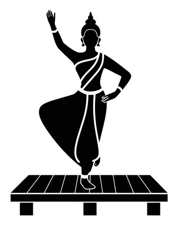 This abstract silhouette art piece features a dancer in an elegant pose on a stage platform, embodying grace and cultural expression. Ideal for visual projects related to dance and art.のイラスト素材